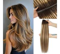 OVO Butterfly Weft Hair Extensions Human Hair Ombre Brown Highlight Dual-Sided Seamless Invisible Weave, Beaded Flat Weft Extensions, Soft & Natural Real Human Hair Extensions
