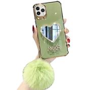 OvOHapia Makeup Mirror Mobile Phone Case, Luxurious Bling Heart-Shaped Mirror Phone Case for iPhone (For iPhone 13 Pro,Light Green)