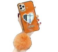 OvOHapia Makeup Mirror Mobile Phone Case, Luxurious Bling Heart-Shaped Mirror Phone Case for iPhone (For iPhone 12 pro,Orange)