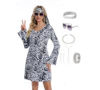 Ovokcina 70s Hippie Disco Retro Dress Halloween Costume Set for Women 7pcs | Long Bell Sleeve Mini Dress, Psychedelic Swirl Print, Headband, Sunglasses, Full Silver Jewelry Kit, 60s Groovy Outfit