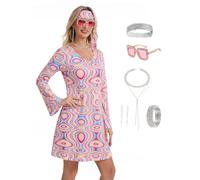 Ovokcina 70s Hippie Disco Retro Dress Halloween Costume Set for Women 7pcs | Long Bell Sleeve Mini Dress, Psychedelic Swirl Print, Headband, Sunglasses, Full Silver Jewelry Kit, 60s Groovy Outfit