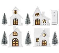 Ovootok 9PCs Christmas Village Accessories Set, 4 LED Lighted Christmas Houses 5 Frosted Trees, Christmas Decoration, White Wooden Christmas Village Collection for Tabletop Mantel Décor (9pcs)