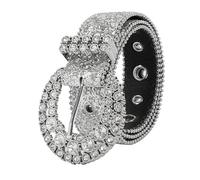 OVOY Rhinestone Round Buckle Western Cowboy Belt for Women - Glitter Sparkly Diamond Waist Belt for Jeans Dress, Silver, 45.2"L For Waist 29''-39"