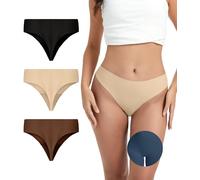 OVRUNS Camel Toe Underwear Thong for Women 3 Pack Cameltoe Proof Concealer Thongs No Show Panties Seamless Workout Underwear, Black+natural Skin+coffee, S