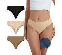 OVRUNS Camel Toe Underwear Thong for Women 3 Pack Cameltoe Proof Concealer Thongs No Show Panties Seamless Workout Underwear, Black+natural Skin+deep Skin, L