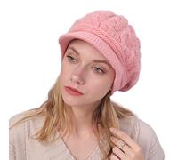 OVTRB Womens Winter Hat Braided Knitted Fleece Lined Newsboys Cap Cold Weather Brim Hat Knit Visor Beanie Warm Hats with Brim Pink