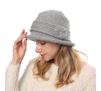 OVTRB Womens Winter Knitted Cloche Bucket Hat Vintage Crochet Brimmed Skull Cap with Flower Warm Cold Weather Hat Gray