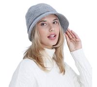 OVTRB Womens Winter Knitted Hat Vintage Fleece Lined Bonnet Brimmed Skull Cap Flower Decoration Crochet Cloche Hat Bucket Hat Bowler Hat Gray