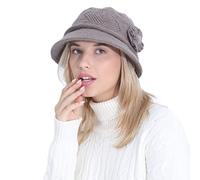 OVTRB Women's Winter Knitted Hat - Vintage Fleece Lined Skull Cap with Flower Decoration - Khaki