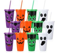 Ovveroche 12 Pcs Cute Halloween Decorations, 24 oz Reusable Plastic Cups with Lids and Straws for Parties Birthdays