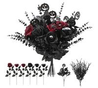 Ovveroche 18 Pcs Blood Black,Red Silk Flowers & 28 Black Eucalyptus Stems with 2 Realistic Pumpkin Stems for Halloween DIY Gothic Bouquet, Bendable Stems for Haunted House Decor, Witchy Centerpiece