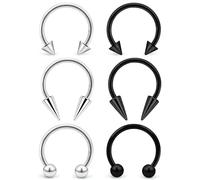 Ovxznts 6Pcs Septum Rings 16G Surgical Steel Snake Bite Jewelry Long Spike Horseshoe Lip Rings Smiley Piercing Jewelry for Women Men 10mm Black Silvertone