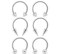 Ovxznts 6Pcs Septum Rings 16G Surgical Steel Snake Bite Jewelry Long Spike Horseshoe Lip Rings Smiley Piercing Jewelry for Women Men 10mm Silvertone