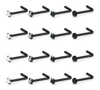 Ovxznts Black Nose Ring Surgical Steel Nose Rings Studs 22G 20G 18G L Shaped Nostril Piercings Cubic Zirconia Nostril Piercing Jewelry for Women Men 16Pcs, Metal, cubic zirconia