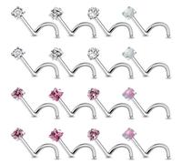 Ovxznts Pink Nose Ring Studs - Surgical Steel Nose Piercings 20G, 18G L-Shaped - Cubic Zirconia - 16 Pcs, Metal Crystal, cubic zirconia