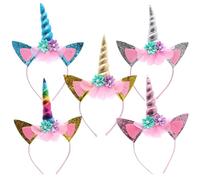 OVYALCJ 5 Pcs Unicorn Headband, Unicorn Headbands for Girls, Ears Headband Rainbow Color, Rainbow Horse Horn Ears Flower Headbands, Headband for Party Birthday, Cosplay and Festivals