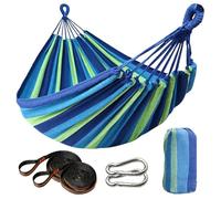 Ovyuzhen Hammock, Single/Double Outdoor Garden Camping, Canvas Soft Swing Sleeping, Portable with Carrying Bag for Patio Yard Backyard Porch Travel (Blue, 250X150cm)