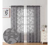 OVZME Anji Charcoal Grey Sheer Curtains with Birds 72 Inches Long for Bedroom, Double Rod Pocket, Lightweight Breathable Fabric, Jacquard Clip Window Curtain, Set of 2, 38 x