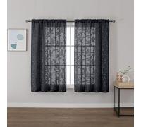 OVZME Black Sheer Curtains 42 X 45 Inch Length 2 Panels, Semi Sheer Drapes Light Filtering Textured Window Curtains, Jacquard Clip Leaf Pattern Short Curtains for Small Window Tiers