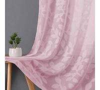 OVZME Blush Pink Sheer Curtains 42 X 45 Inch Length 2 Panels, Semi Sheer Drapes Light Filtering Textured Window Curtains, Jacquard Clip Leaf Pattern Short Curtains for Small Window Tiers