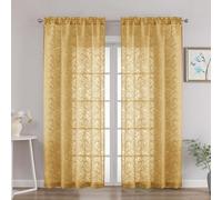 OVZME Extra Wide Gold Sheer Curtains 90 Inches Long 2 Panels Set, Soft Lightweight Leaf Clip Jacquard Voile Sheer Curtains for Bedroom, Modern Dual Rod Pocket Window Drapes, 2x52Wx90L Inches