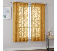 OVZME Gold Sheer Curtains 63 inches Long 2 Panels for Living Room, Jacquard Clip Leaf Pattern Textured Light Filtering Window Semi Sheer Voile Drapes for Bedroom, Each Panel 42 x 63 Inch