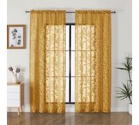 OVZME Gold Sheer Curtains 72 inches Long 2 Panels for Living Room, Jacquard Clip Leaf Pattern Textured Light Filtering Window Semi Sheer Voile Drapes for Bedroom, Each Panel 42 x 72 Inch