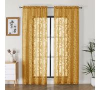 OVZME Gold Sheer Curtains 84 inches Long 2 Panels for Living Room, Jacquard Clip Leaf Pattern Textured Light Filtering Window Semi Sheer Voile Drapes for Bedroom, Each Panel 42 x 84 Inch