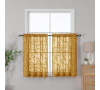 OVZME Gold Sheer Kitchen Curtains 42 X 36 Inch Length 2 Panels, Semi Sheer Drapes Light Filtering Bathroom Window Curtains, Jacquard Clip Leaf Pattern for Small Window Tiers