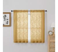 OVZME Gold Small Sheer Curtains 45 Inch Length 2 Panels Set, Light Filtering Soft Airy Cafe Curtains Dual Rod Pocket Design, Leaf Jacquard Farmhouse Window Drapes for Kitchen, 2x30Wx45L Inches