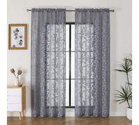 OVZME Grey Sheer Curtains 84 inches Long 2 Panels for Living Room, Jacquard Clip Leaf Pattern Textured Light Filtering Window Semi Sheer Voile Drapes for Bedroom, Each Panel 42 x 84 Inch