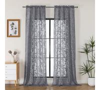 OVZME Grey Sheer Curtains 96 inches Long 2 Panels for Living Room, Jacquard Clip Leaf Pattern Textured Light Filtering Window Semi Sheer Voile Drapes for Bedroom, Each Panel 42 x 96 Inch