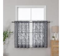 OVZME Grey Sheer Kitchen Curtains 42 X 36 Inch Length 2 Panels, Semi Sheer Drapes Light Filtering Bathroom Windows, Jacquard Clip Leaf Pattern Short Curtains for Small Window Tiers