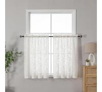 OVZME Ivory Sheer Kitchen Curtains 42 X 36 Inch Length 2 Panels, Semi Sheer Drapes Light Filtering Bathroom Window, Jacquard Clip Leaf Pattern Short Curtains for Small Window Tiers