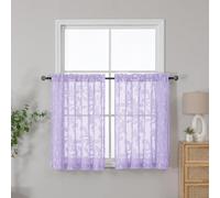 OVZME Lavender Sheer Kitchen Curtains 42 X 36 Inch Length 2 Panels, Semi Sheer Drapes Light Filtering Bathroom Window Curtains, Jacquard Clip Leaf Pattern Short Curtains for Small Window Tiers