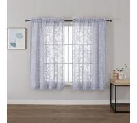 OVZME Light Grey Sheer Curtains 42 X 45 Inch Length 2 Panels, Semi Sheer Drapes Light Filtering Textured Window Curtains, Jacquard Clip Leaf Pattern Short Curtains for Small Window Tiers