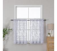 OVZME Light Grey Sheer Kitchen Curtains 42 X 36 Inch Length 2 Panels, Semi Sheer Drapes Light Filtering Bathroom Window Curtains, Jacquard Clip Leaf Pattern Short Curtains for Small Window Tiers