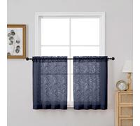 OVZME Navy Blue Kitchen Sheer Curtains 30 inch Length 2 Panels Set, Voile Light Filtering Farmhouse Leaf Jacquard Short Tier Curtains for Cafe Bathroom Bedroom, Dual Rod Pocket, 2x30Wx30L Inches