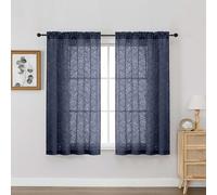 OVZME Navy Blue Sheer Curtains 54 Inch Length 2 Panels, Soft Airy Light Filtering Breathable Leaf Jacquard Textured Short Drapes for Bathroom Bedroom Windows, Dual Rod Pocket, 2x42Wx54L Inches