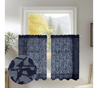 OVZME Navy Blue Sheer Curtains Tier 36 inch Length 2 Panels Set, Light Filtering Elegant Textured Short Bird Curtains for Bedroom Basement Small Window, Dual Rod Pocket, 2x38Wx36L Inches