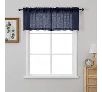OVZME Navy Blue Sheer Valances for Windows 18 Inch Length 2 Panels, Light Filtering Soft Fabric Leaf Clip Jacquard Textured Curtains for Bedroom Bathroom Basement Small Windows, 2x42Wx18L Inches