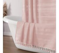 OVZME Pink Shower Curtain for Bathroom, Boho Linen Textured Shower Curtain with Tassel, Rustic Striped Heavy Duty Vintage Country Bathroom Curtain, 72Wx72L Inches