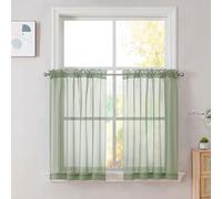 OVZME Sage Green Sheer Curtains 36 inches Long, Short Kitchen Window Treatment Solid Sheers Cafe Curtains Bathroom Voile Half Window Curtains 2 Panels, Rod Pocket, 42" Wx36 L
