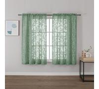 OVZME Sage Green Sheer Curtains 42 X 45 Inch Length 2 Panels, Semi Sheer Drapes Light Filtering Textured Window Curtains, Jacquard Clip Leaf Pattern Short Curtains for Small Window Tiers