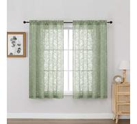 OVZME Sage Green Sheer Curtains 54 Inch Length 2 Panels, Soft Airy Light Filtering Breathable Leaf Jacquard Textured Short Drapes for Bathroom Bedroom Windows, Dual Rod Pocket, 2x42Wx54L Inches