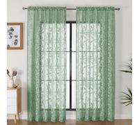 OVZME Sage Green Sheer Curtains 90 inches Long 2 Panels for Living Room, Jacquard Clip Leaf Pattern Textured Light Filtering Window Semi Sheer Voile Drapes for Bedroom, Each Panel 52 x 90 Inch