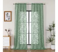 OVZME Sage Green Sheer Curtains 96 inches Long 2 Panels for Living Room, Jacquard Clip Leaf Pattern Textured Light Filtering Window Semi Sheer Voile Drapes for Bedroom, Each Panel 42 x 96 Inch