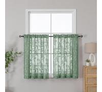 OVZME Sage Green Sheer Kitchen Curtains 42 X 36 Inch Length 2 Panels, Semi Sheer Drapes Light Filtering Bathroom Window Curtains, Jacquard Clip Leaf Pattern Short Curtains for Small Window Tiers