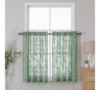 OVZME Sage Green Sheer Short Curtains 36 Inch Length 2 Panels, Light Filtering Small Sheer Drapes for Bathroom Basement, Jacquard Clip Leaf Pattern Textured Curtains for Kitchen Window