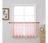 OVZME Short Blush Pink Sheer Curtains 24 inch Length 2 Panels Set, Textured Soft Airy Elegant Leaf Jacquard Kitchen Curtains Tier for Bathroom Bedroom Living Room Small Windows, 2x30Wx24L Inches